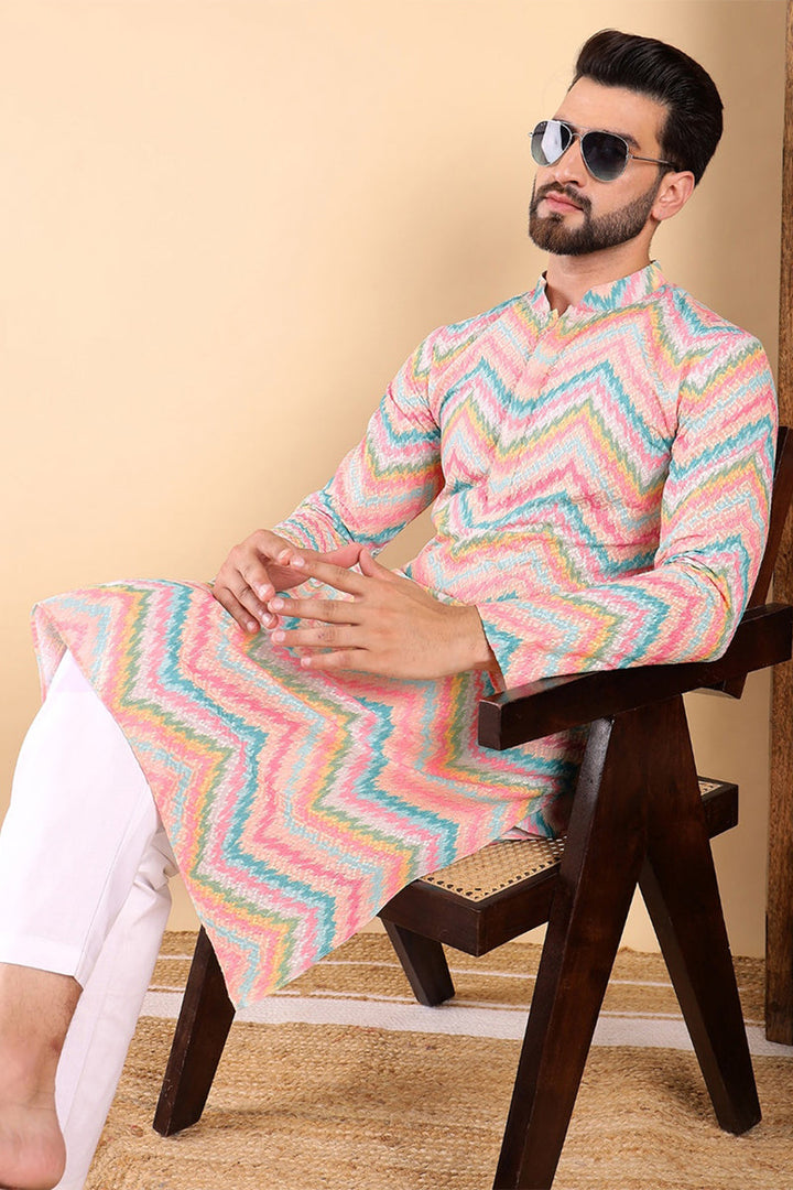 Teal Viscose Rayon Chevron Printed Straight Kurta with Trousers | SHOBITAM