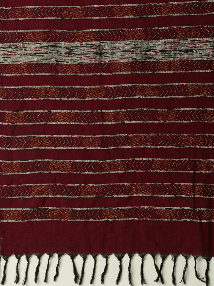 Maroon Yellow Khesh Kantha Stitch Cotton Saree | SHOBITAM