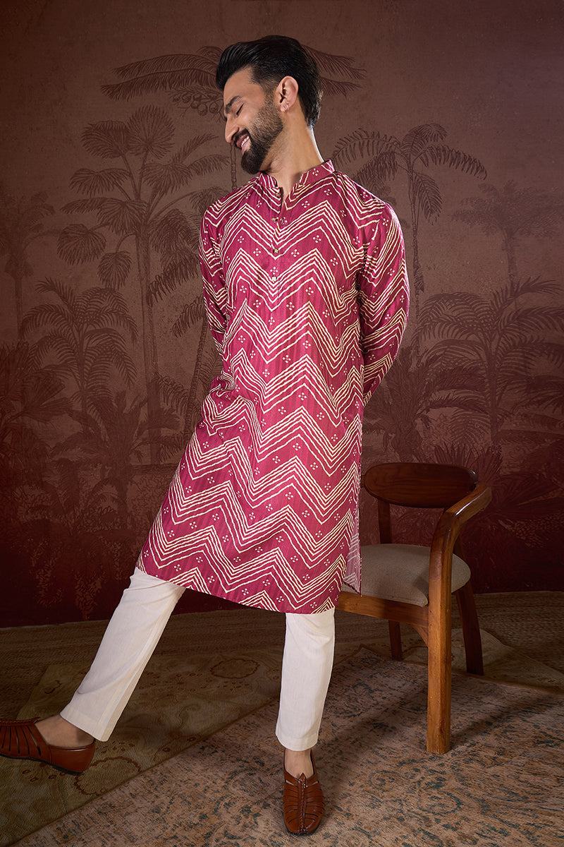 Magenta Silk Blend Chevron Printed Straight Kurta For Men | SHOBITAM
