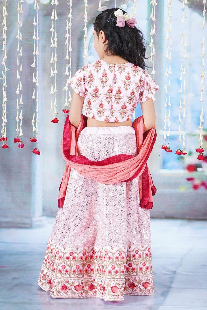 Girl Bageecha Floral Thread work Blouse with Mirror work Lehenga and Sequin moti work Dupatta, accompanied with Hand made tassel and Ghungroo work | SHOBITAM