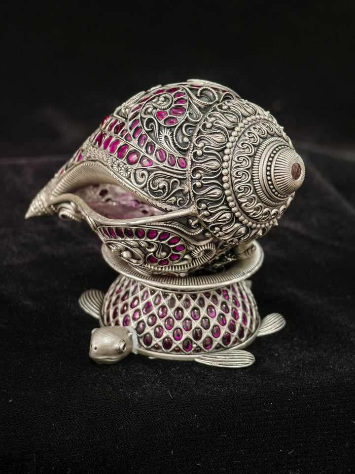 Pure 92.5 Silver Lakshmi Conch Shell with Turtle Stand, embellished with stones