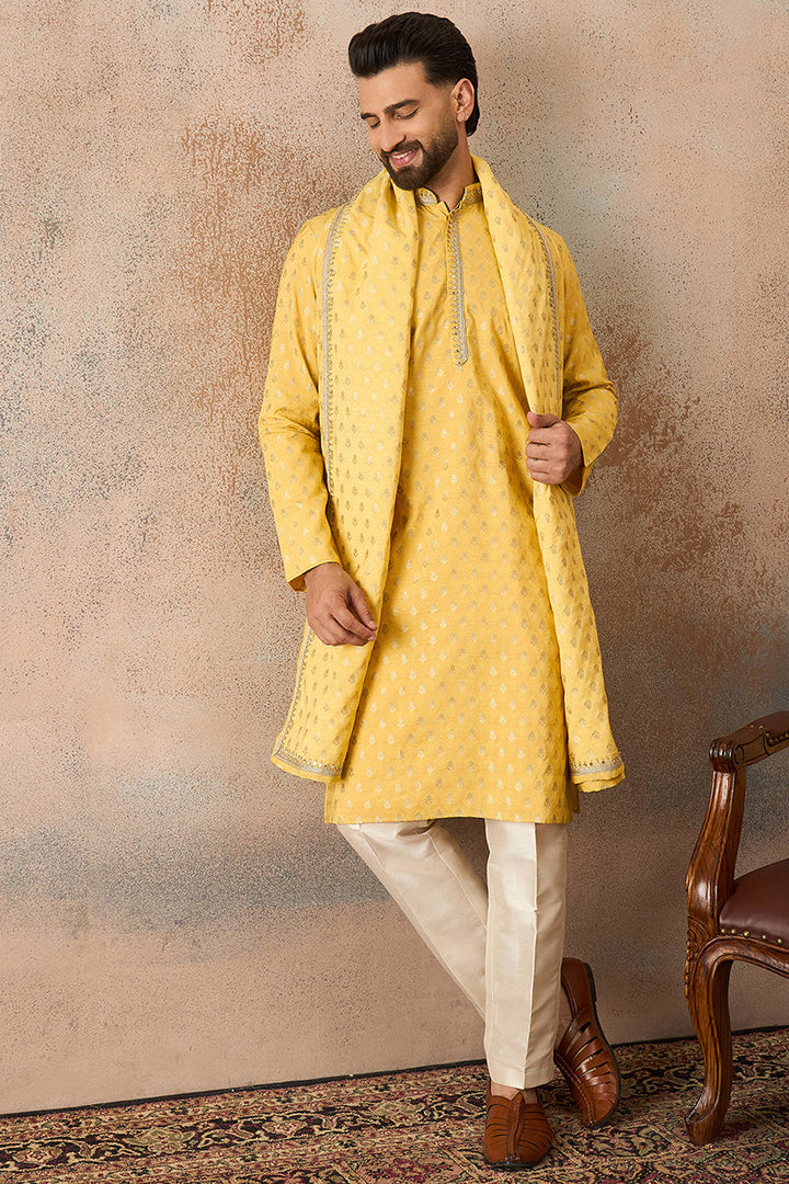 Men Yellow Jacquard Woven Design Floral Straight Kurta Sets | SHOBITAM
