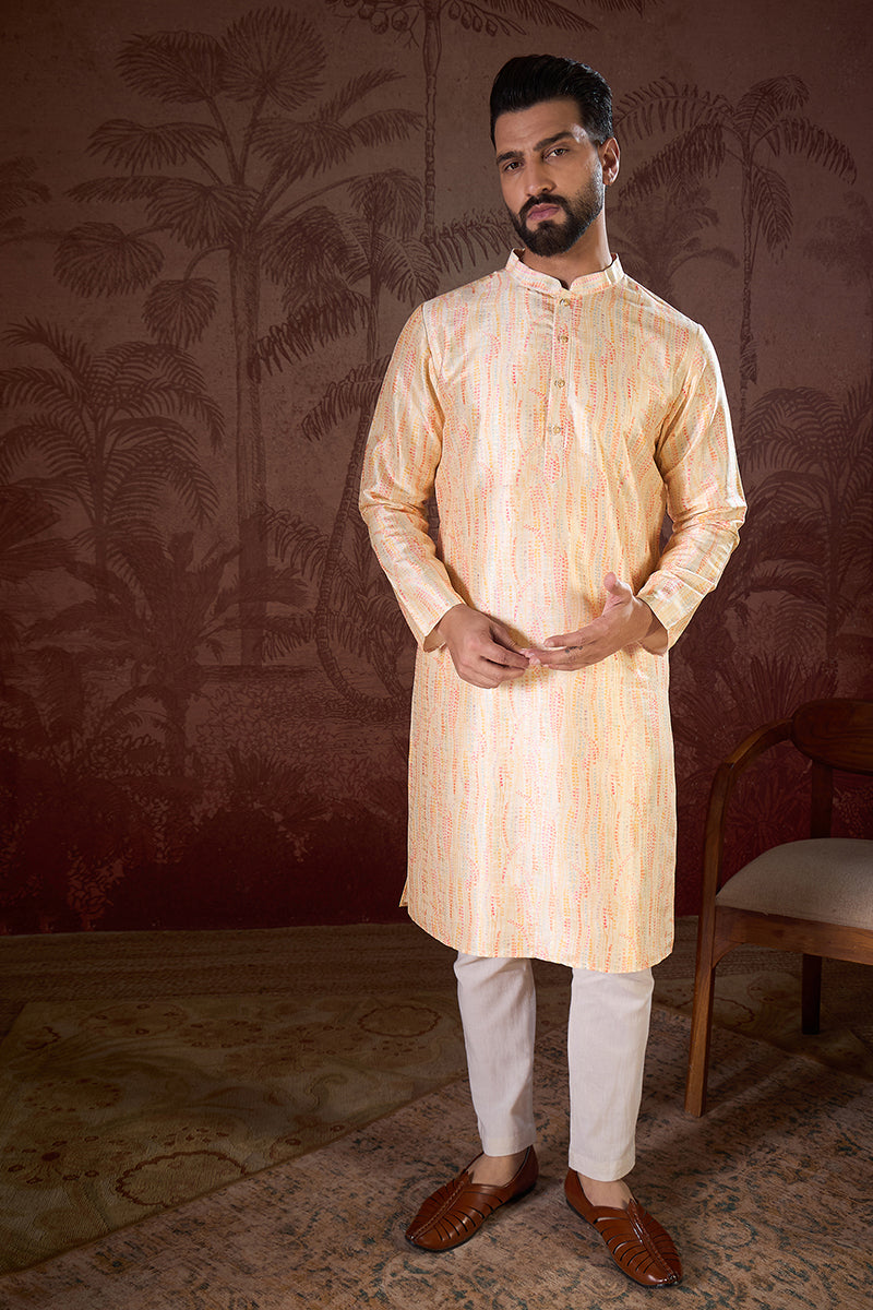 Cream Silk Blend Abstract Printed Straight Kurta With Trouser | SHOBITAM