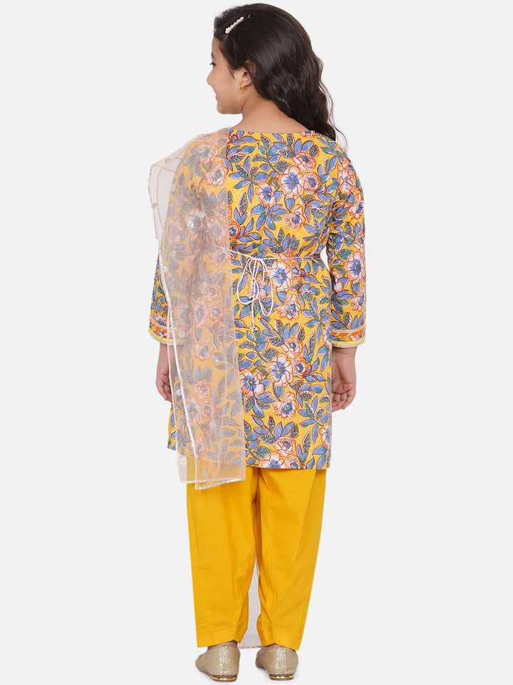 Girls Punjabi Floral work Kurta with Salwar & Dupatta in yellow | SHOBITAM