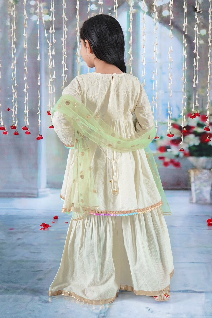 Girls Cotton Three Fourth Sleeves Kurta Sharara and Dupatta with Floral Embroidery, Kantha and Lace work with Rajasthani Lac Buttons - Seashell Cream| SHOBITAM