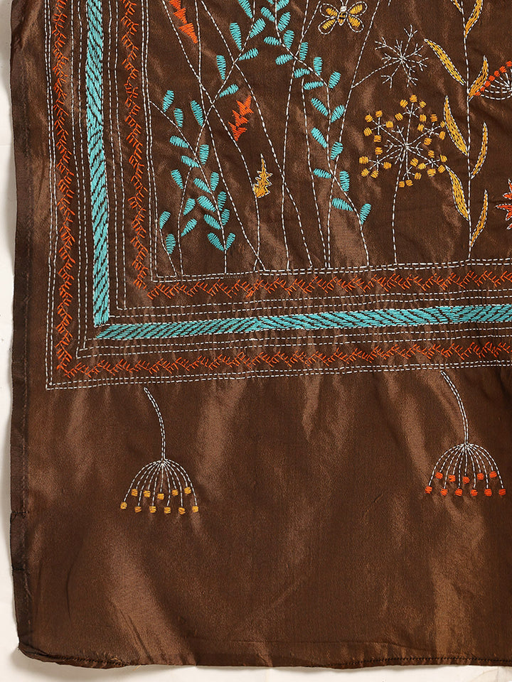 Dark Brown Mocha Art Silk Kantha Stitch Saree with Blouse Piece | SHOBITAM