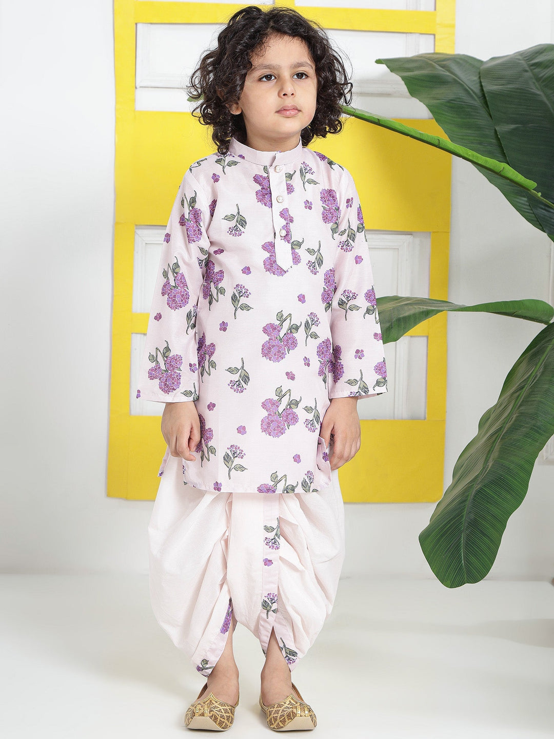 Petal Pink Floral Muslin Kurta with Cotton Dhoti | SHOBITAM
