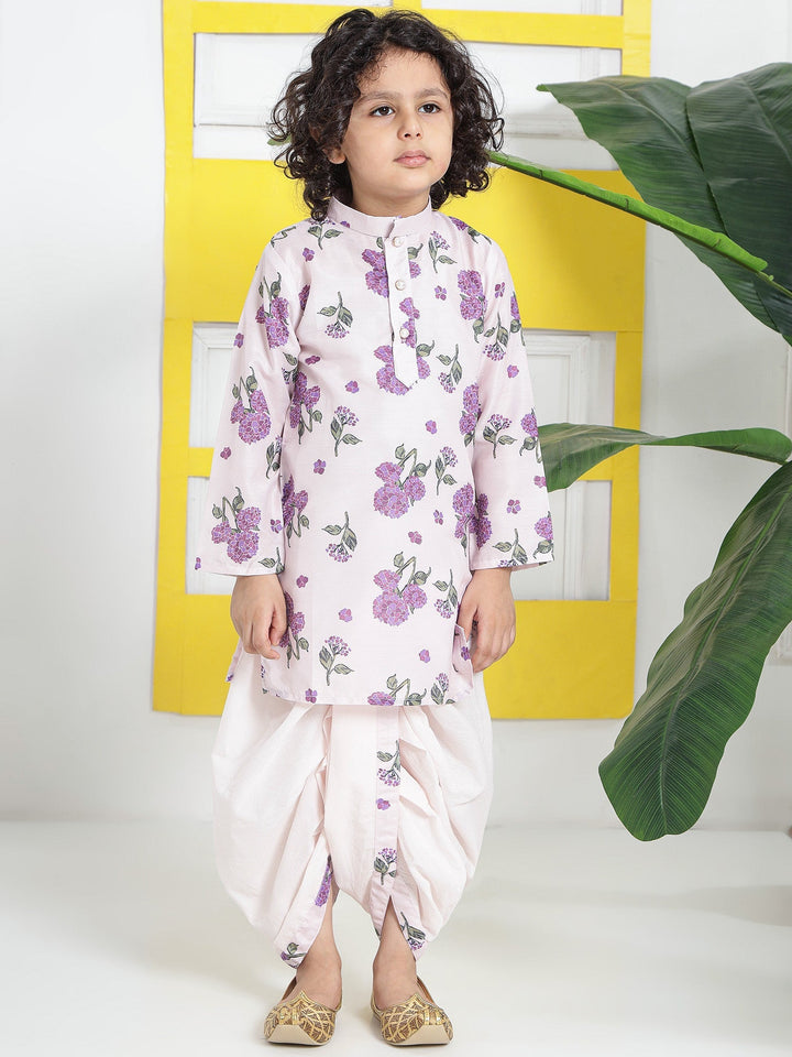 Petal Pink Floral Muslin Kurta with Cotton Dhoti | SHOBITAM