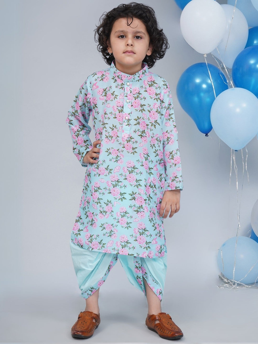 Boys Blue Muslin Floral Butterfly Dhoti Kurta Set  | SHOBITAM