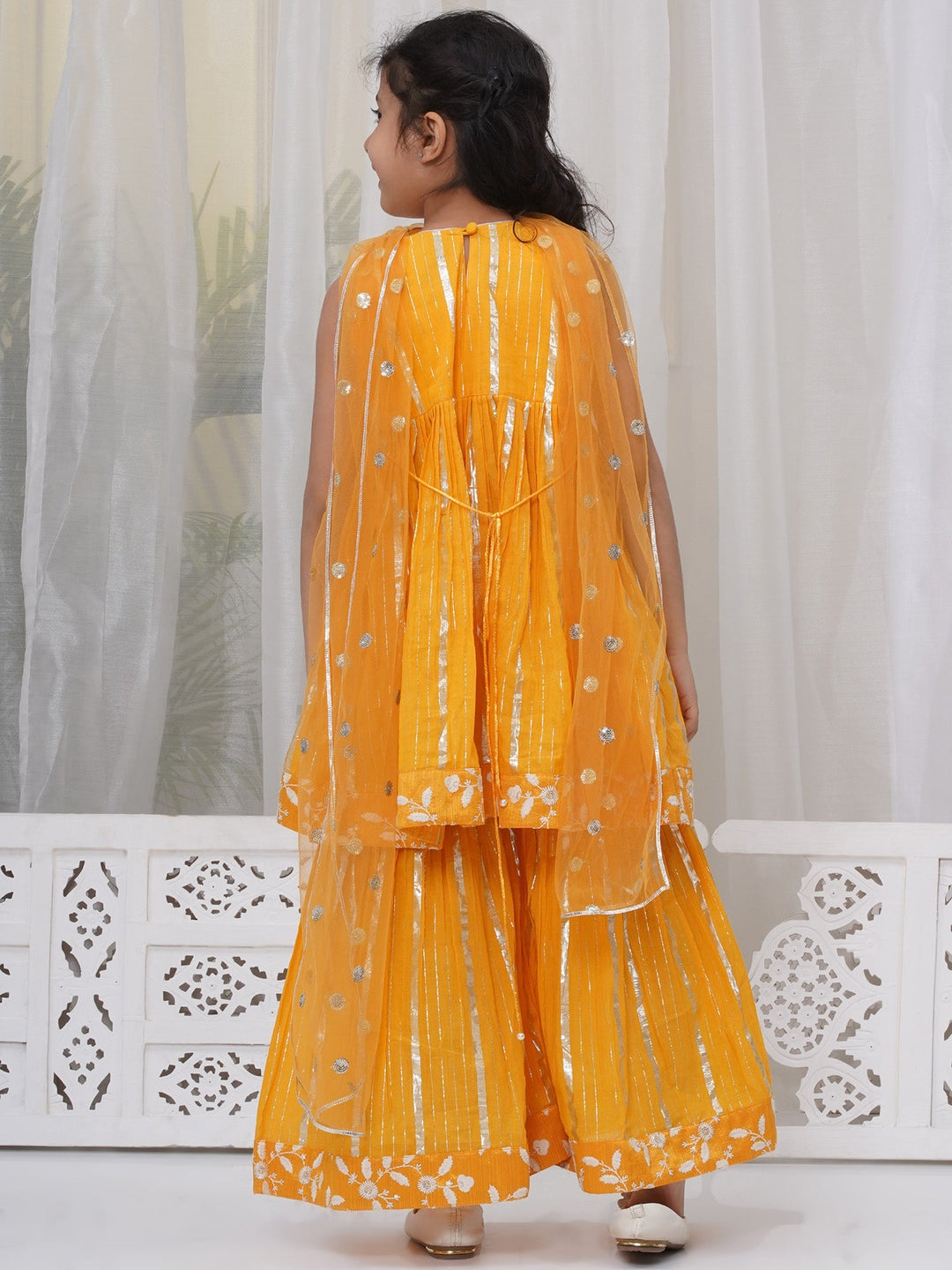 Girls Cotton Sleeveless White Thread Floral Embroidery Kurta Frock with Sharara and Dupatta - Haldi Yellow | SHOBITAM