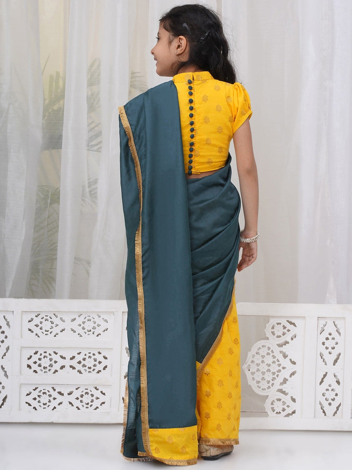 Cotton Floral Embroidery Ready to wear Blouse with Ready to wear Chanderi Saree - Casal & Yellow | SHOBITAM