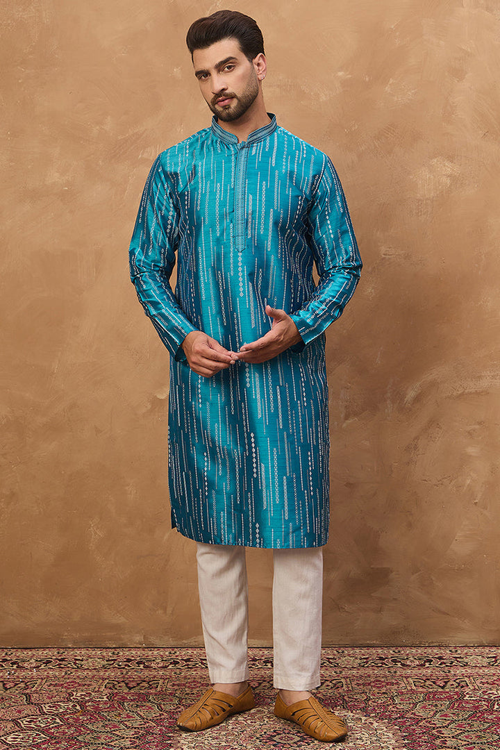 Blue Silk Blend Geometric Printed Straight Kurta | SHOBITAM