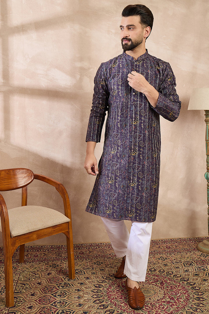 Violet Silk Blend Ethnic Motifs Printed Straight Kurta For Men | SHOBITAM