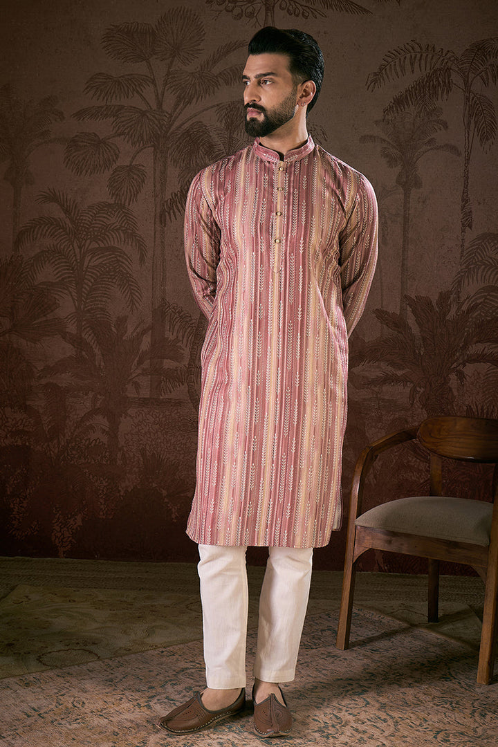 Mauve Silk Blend Floral Printed Straight Kurta For Men | SHOBITAM