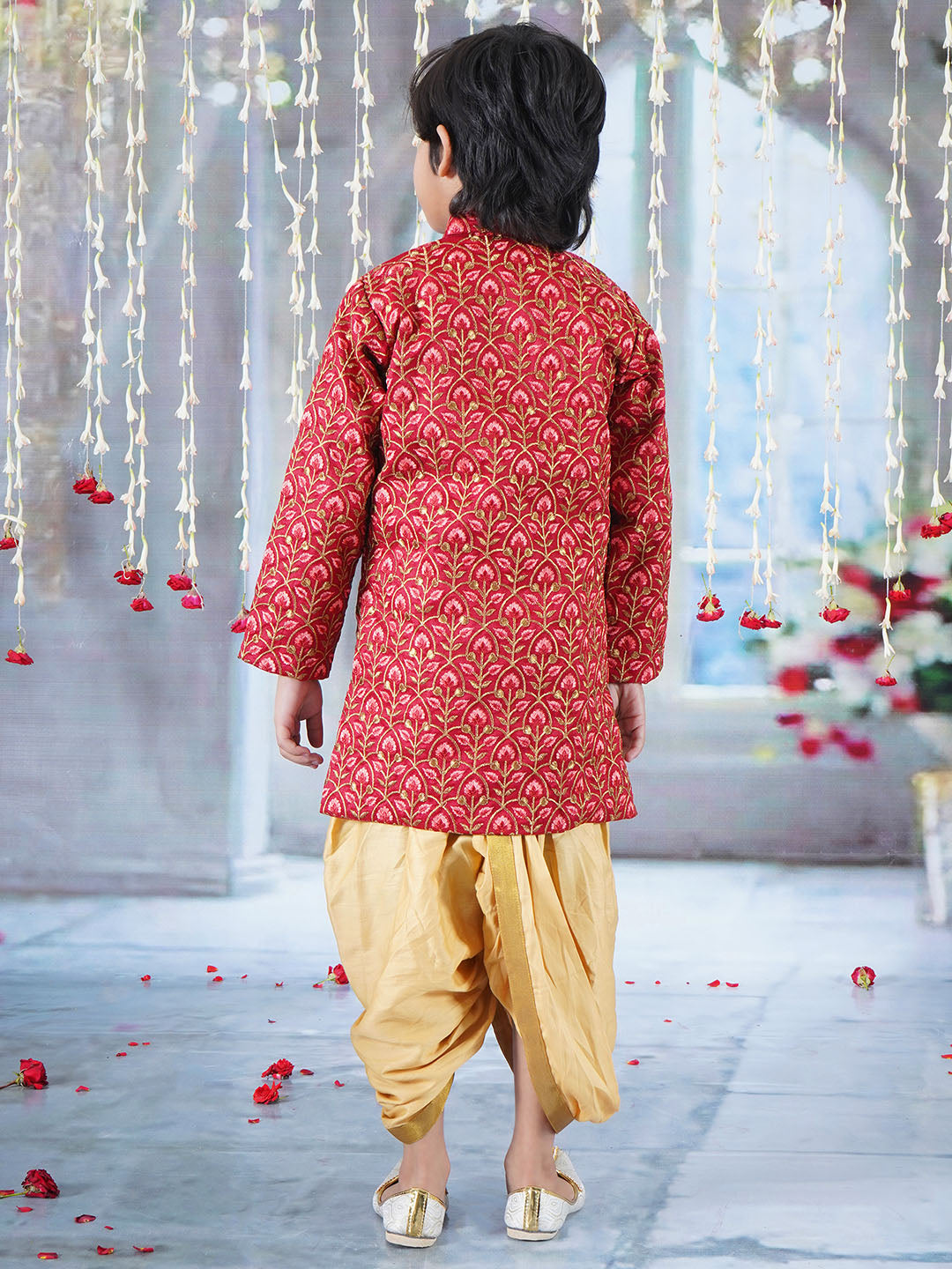 Boys Bageecha Floral Thread work Angrakha Sherwani with Beige Silk Dhoti in Cherry Red | SHOBITAM