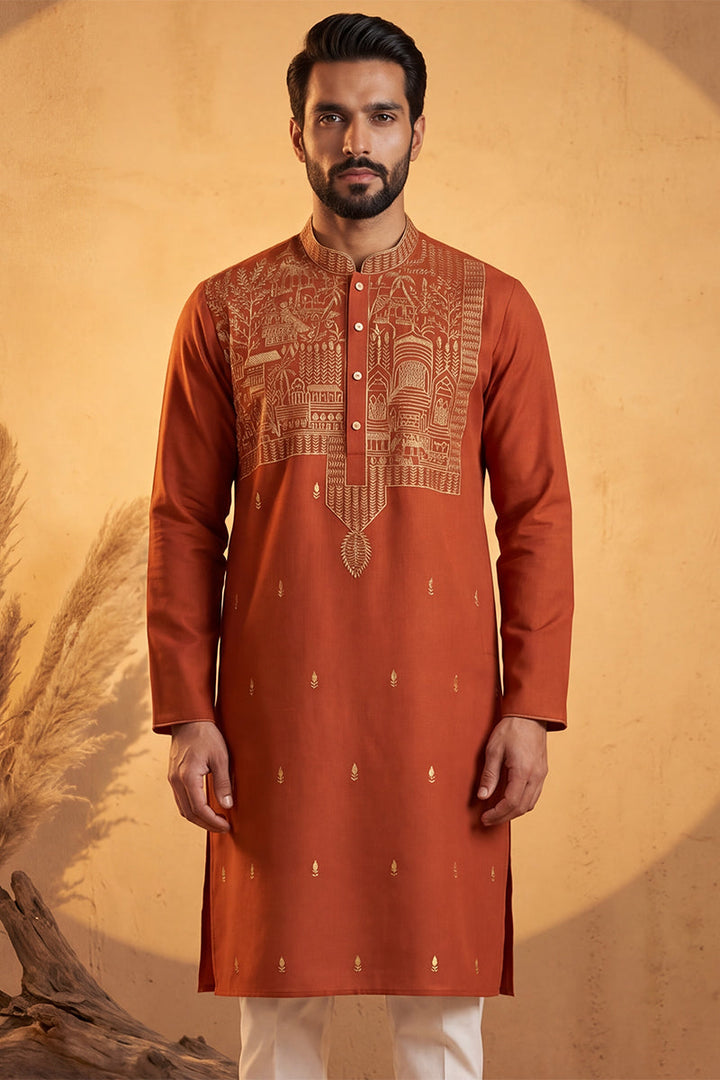 Mens Orange Silk Blend Solid Emboidered Straight Kurta With Trouser | SHOBITAM