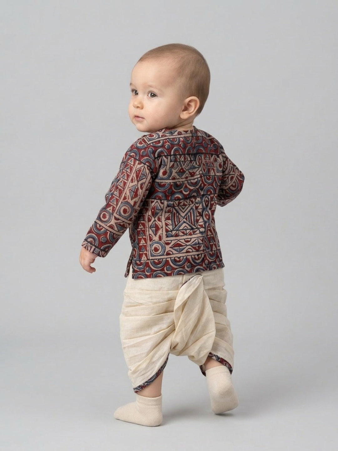 Boys Geometric Printed Cotton Angrakha Style Dhoti Set | SHOBITAM