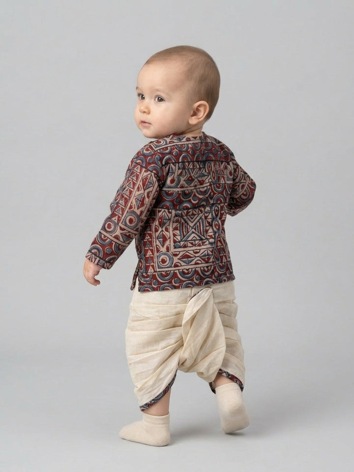 Boys Geometric Printed Cotton Angrakha Style Dhoti Set | SHOBITAM