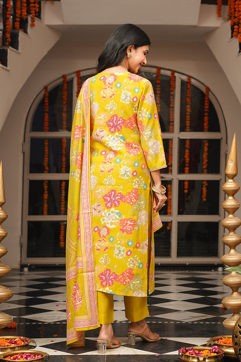 Yellow Viscose Rayon Geometric Embroidered Straight Kurta Trousers With Dupatta | SHOBITAM