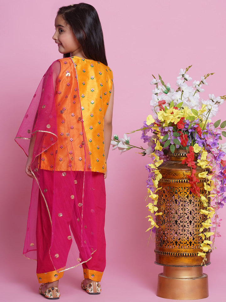 Mulberry Semi-Silk Sleeveless Floral Choti Buti Embroidery Kurta with Salwar & Dupatta - Yellow and Pink