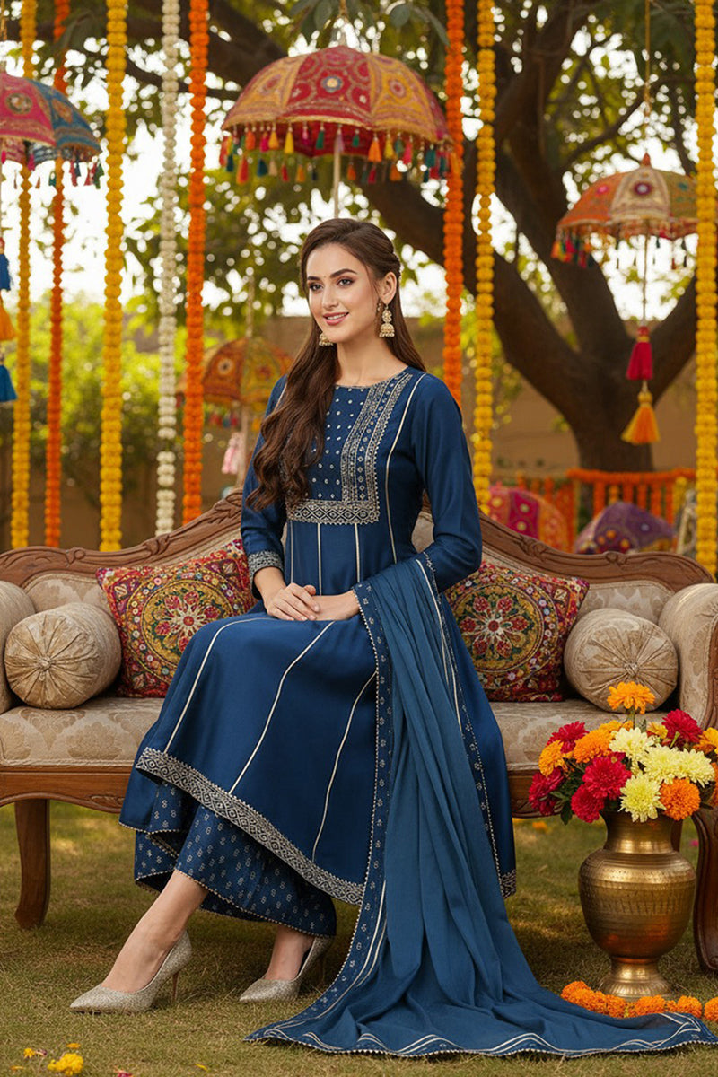 Teal Blue Silk Blend Ethnic Motifs Anarkali Suit Set | SHOBITAM