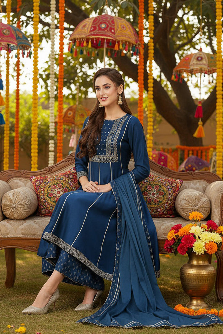 Teal Blue Silk Blend Ethnic Motifs Anarkali Suit Set | SHOBITAM