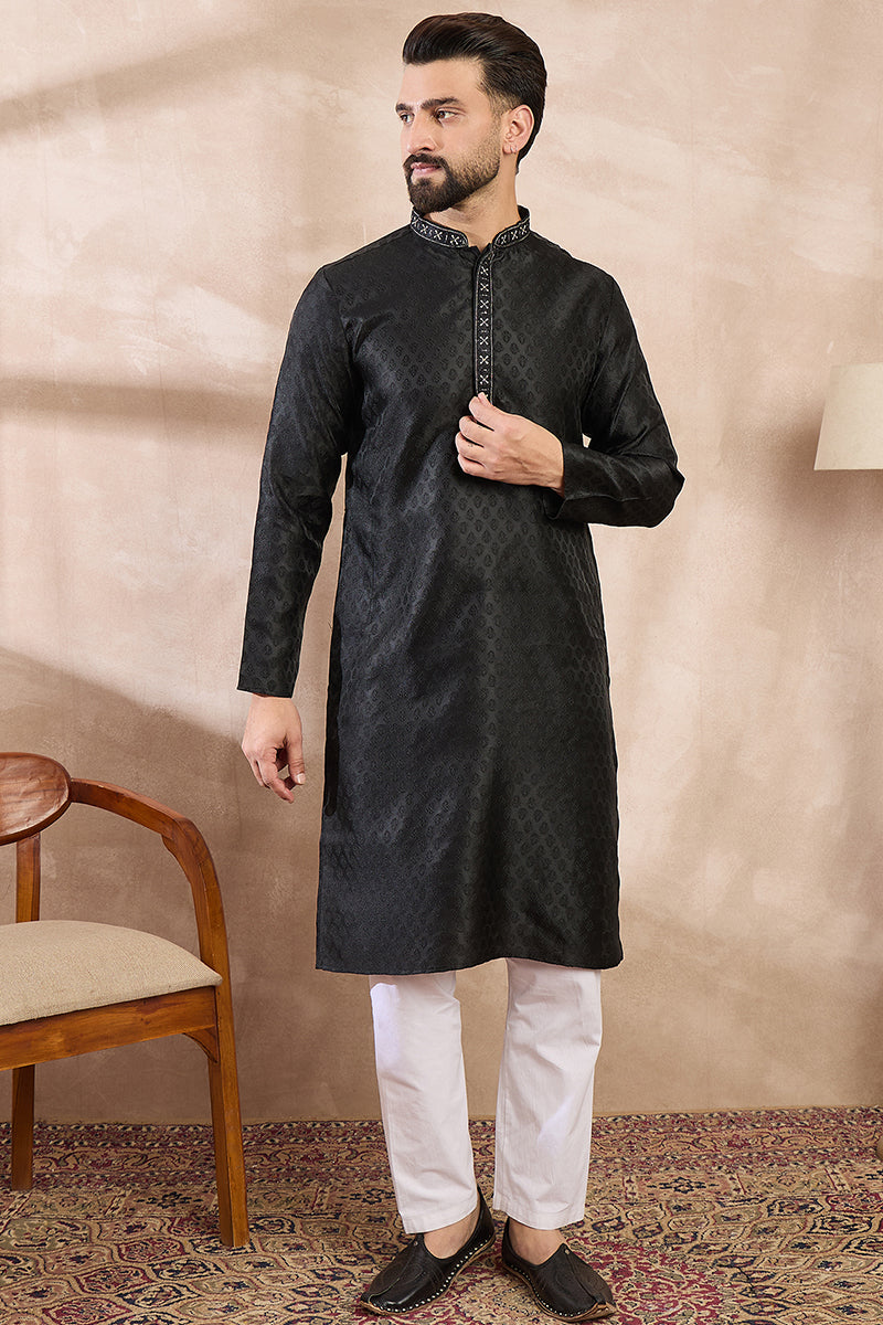 Black Silk Blend Solid Woven Design Straight Kurta | SHOBITAM
