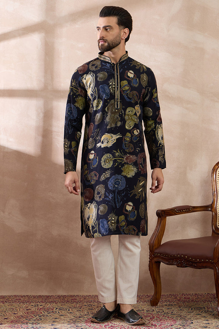 Navy Blue Silk Blend Printed Mandarin Collar Straight Kurta For Men | SHOBITAM