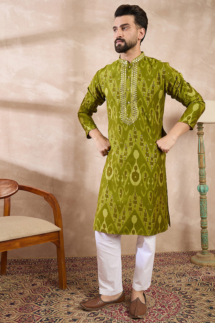 Green Viscose Rayon Chevron Printed Straight Kurta With Trouser | SHOBITAM