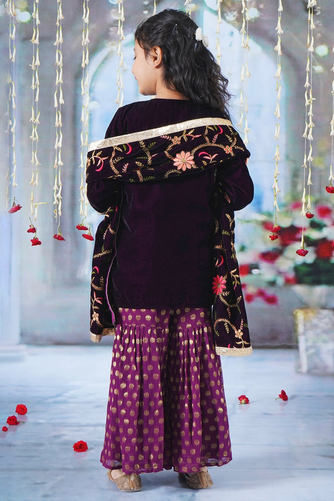 Girls Velvet Kurta with Banarsi Sharara and Embroided Dupatta with Potli | SHOBITAM