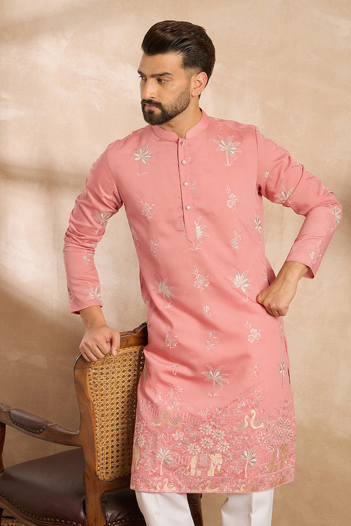 Pink Cotton Solid Embroidered Straight Kurta | SHOBITAM