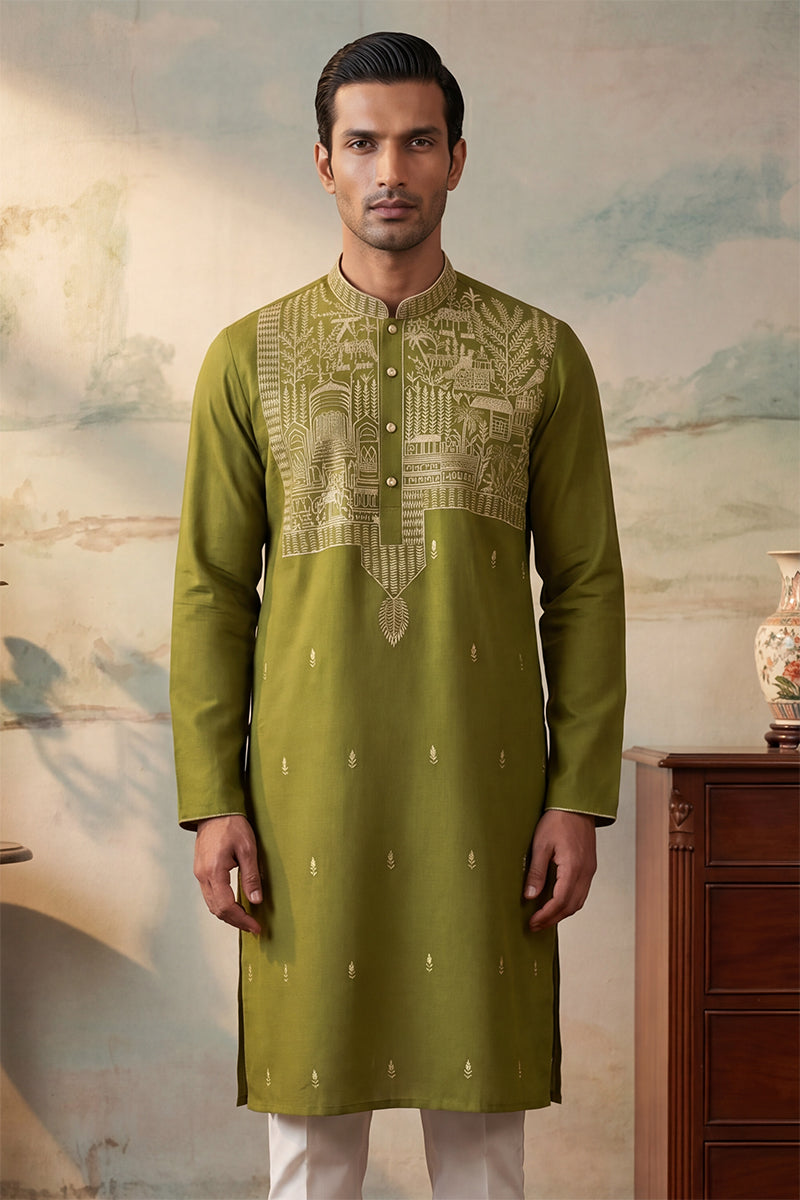 Mens Green Silk Blend Solid Emboidered Straight Kurta With Trouser | SHOBITAM