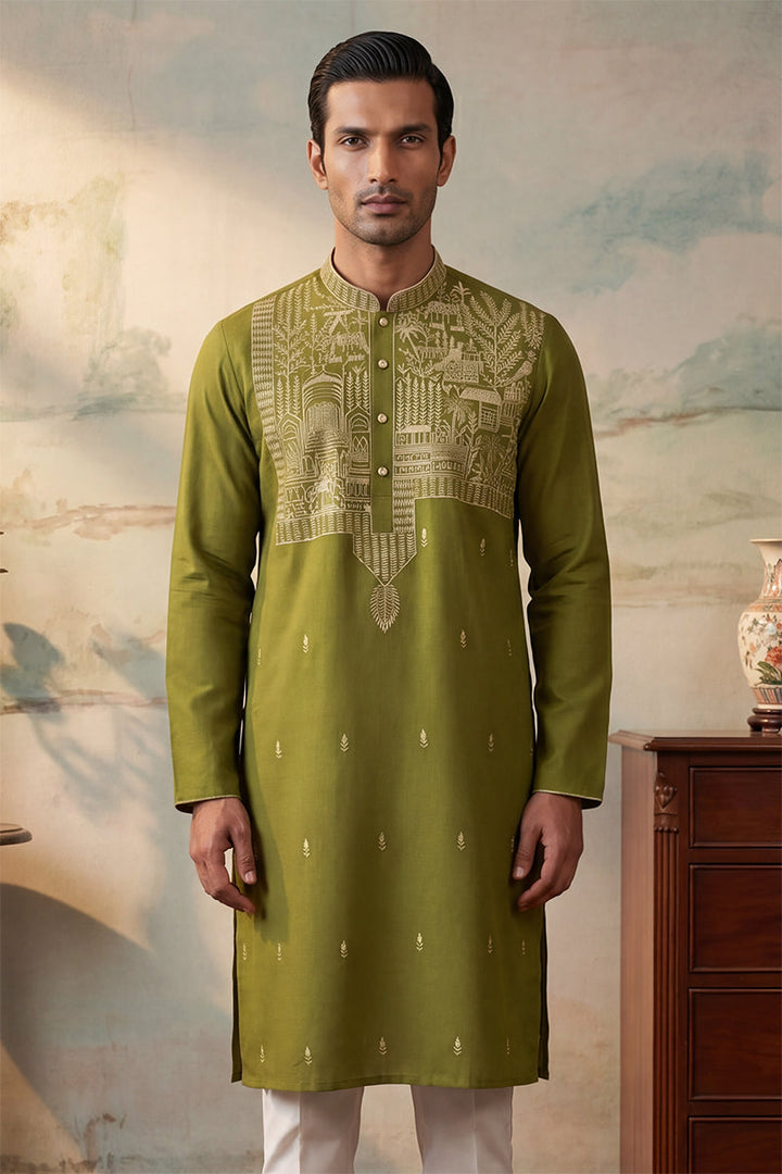 Mens Green Silk Blend Solid Emboidered Straight Kurta With Trouser | SHOBITAM