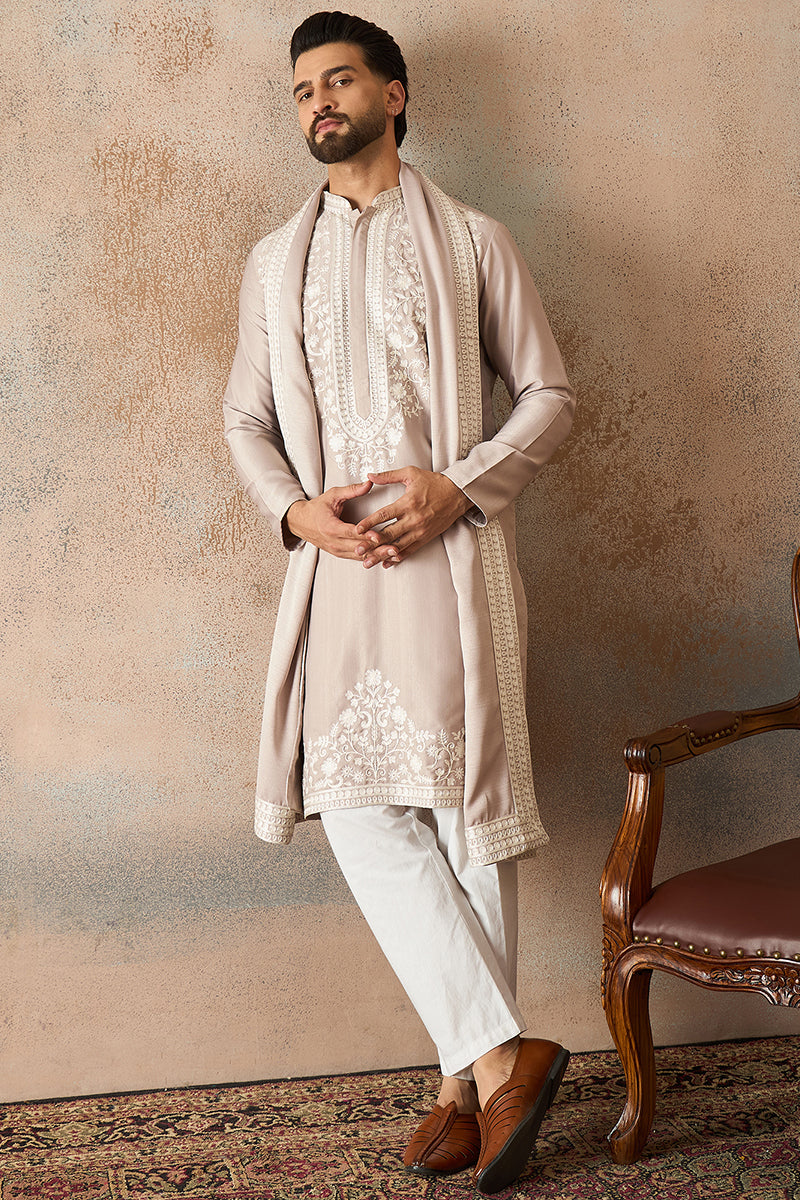 Mens Beige Silk Blend Solid Embroidered Kurta Trouser With Dupatta | SHOBITAM