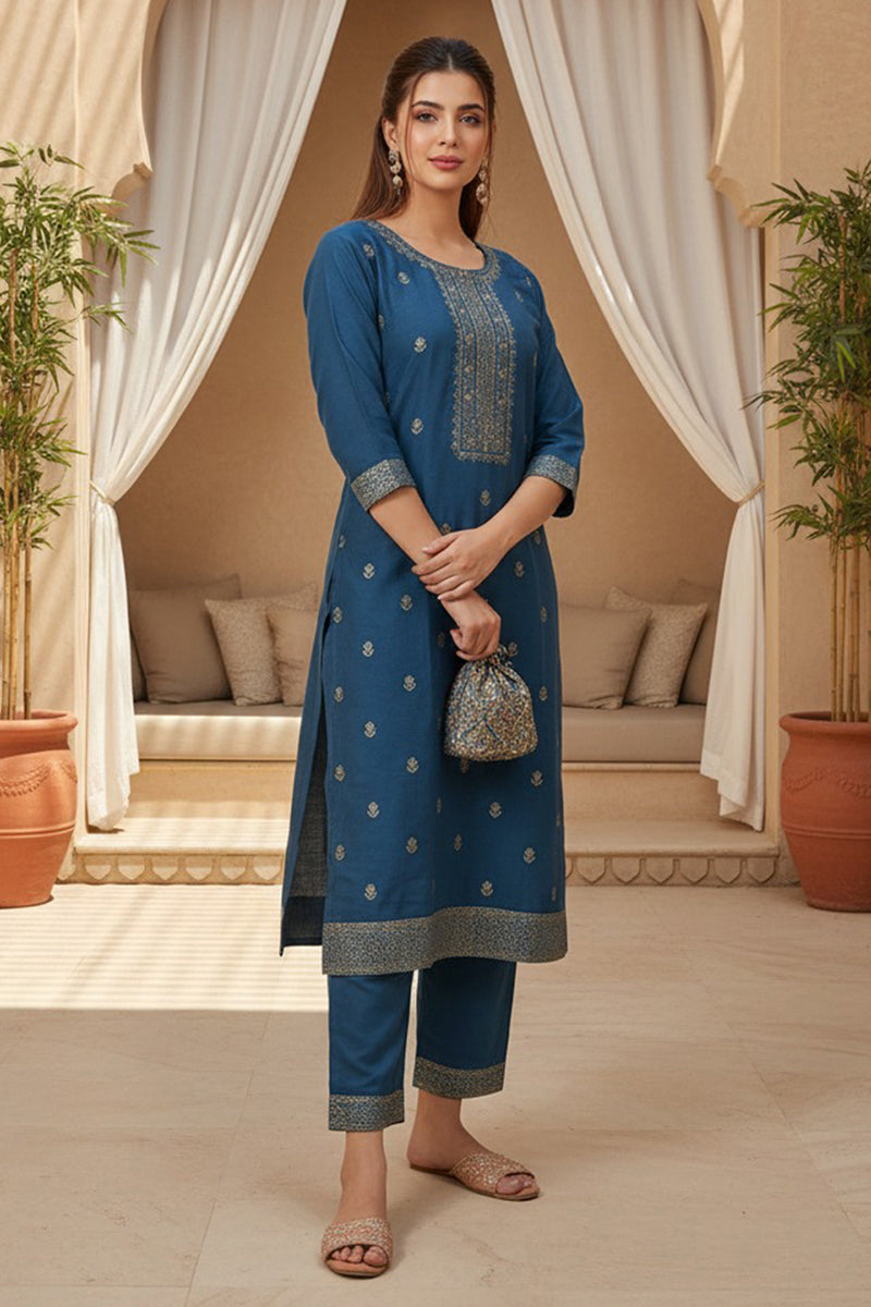 Blue Silk Blend Ethnic Motifs Stoning Straight Kurta Trouser with Dupatta | SHOBITAM