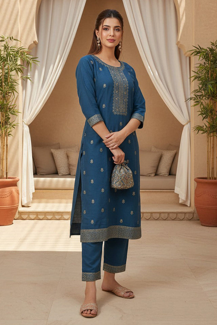 Blue Silk Blend Ethnic Motifs Stoning Straight Kurta Trouser with Dupatta | SHOBITAM