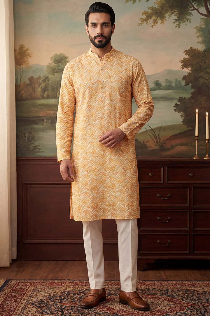 Yellow Linen Printed Straight Kurta | SHOBITAM