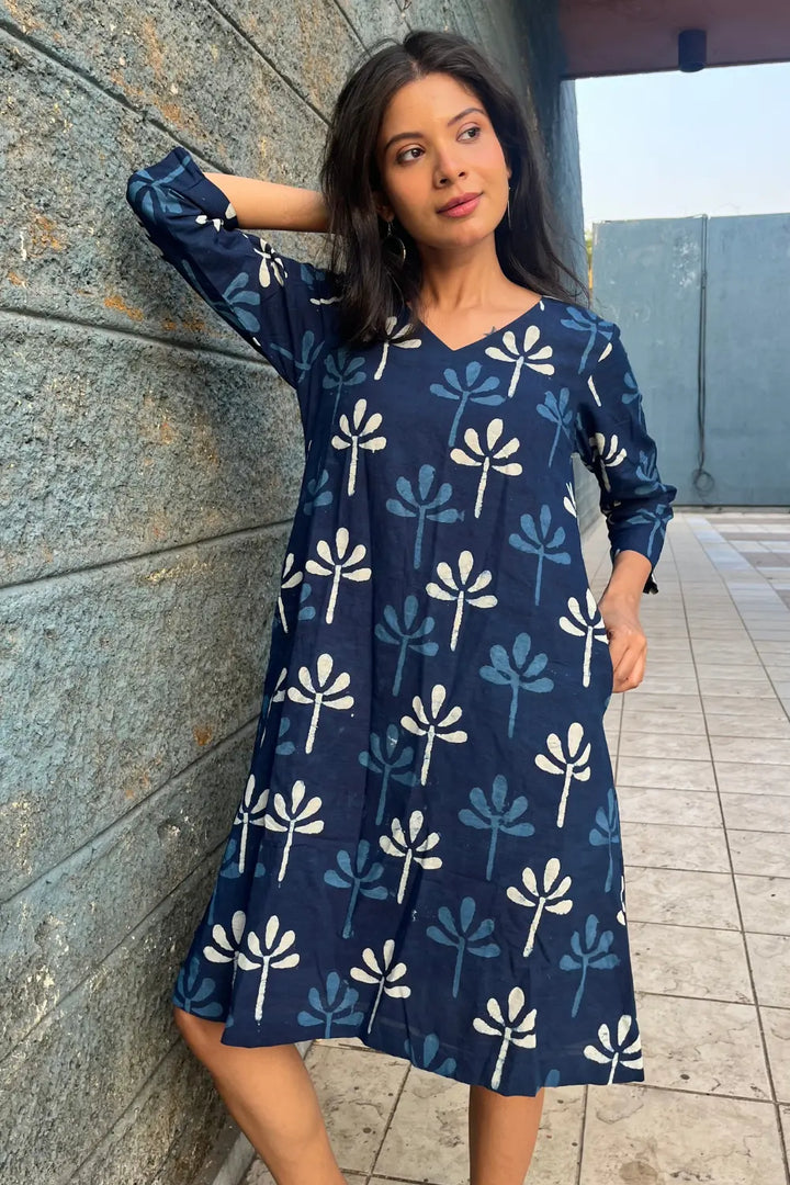 Indigo Block Print Dress | SHOBITAM