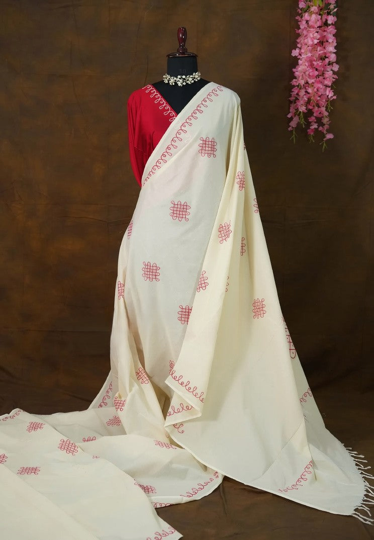 Bamboo Cotton Saree with Kolam Handblock Print | SHOBITAM