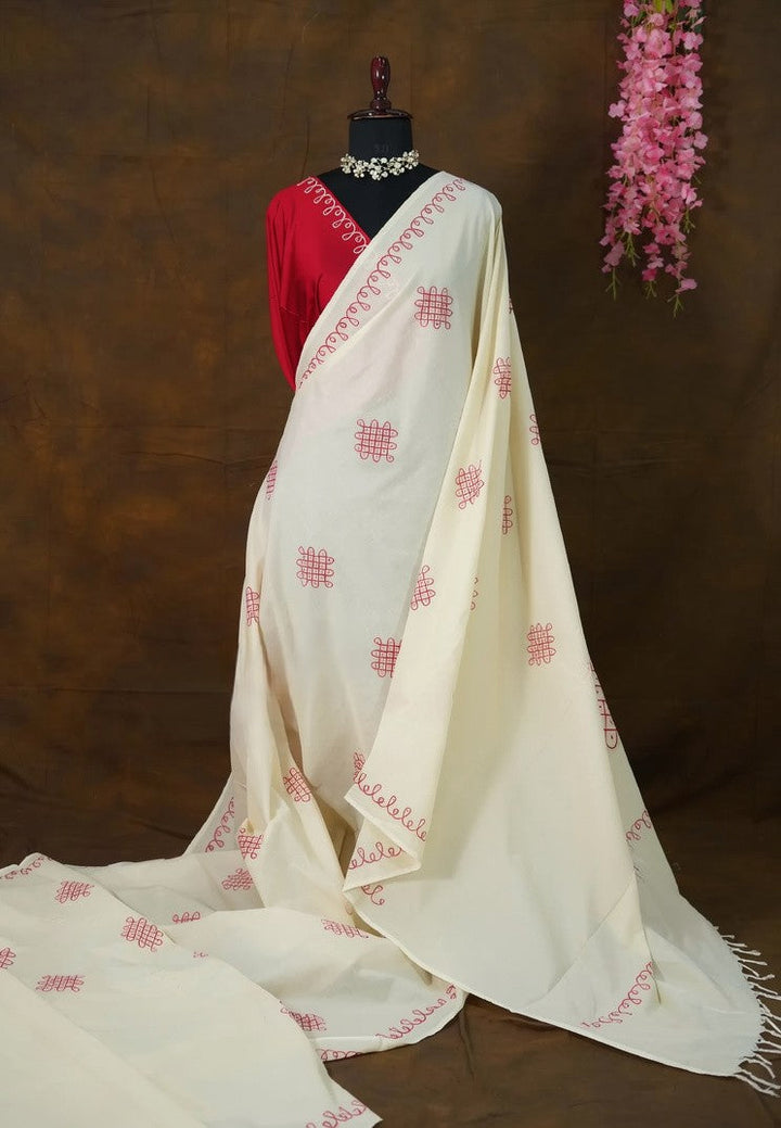 Bamboo Cotton Saree with Kolam Handblock Print | SHOBITAM