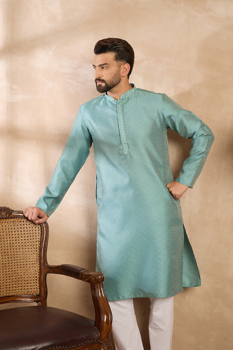 Green Polyester Solid Embroidered Straight Kurta | SHOBITAM