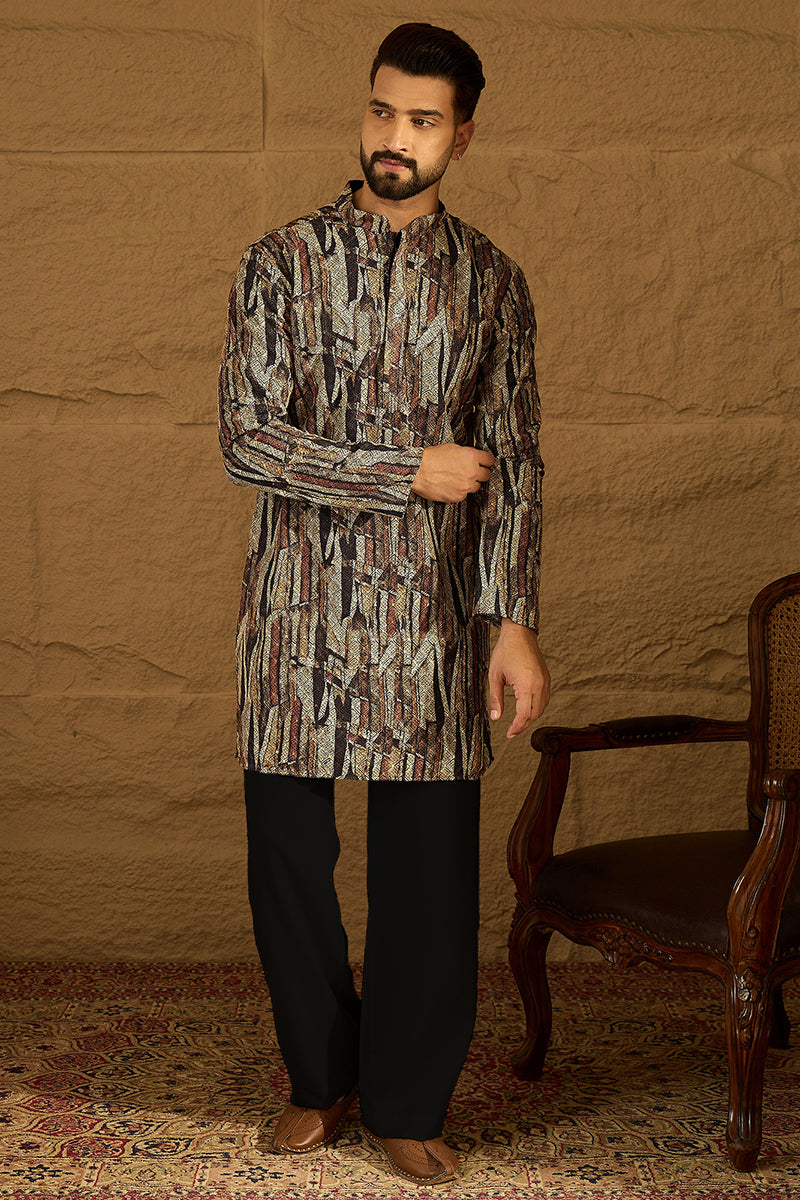 Black Viscose Rayon Abstract Printed Straight Kurta with Trouser | SHOBITAM