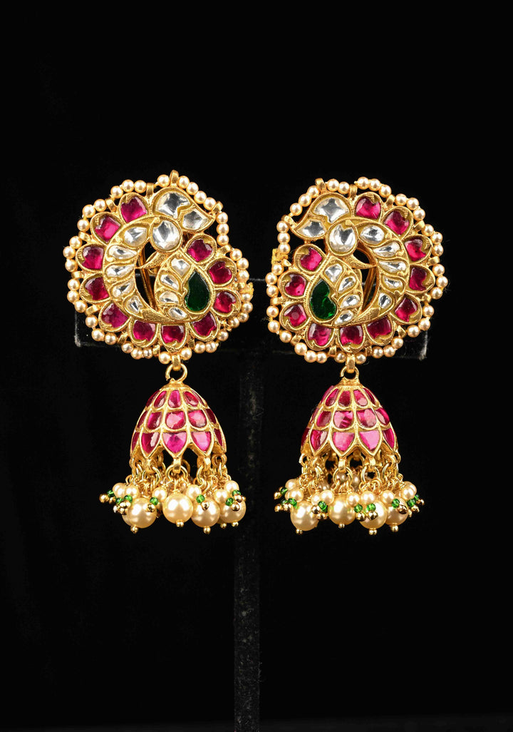 92.5 Pure Silver, 24 Ct Gold Plated Peacock Stud Jadau Jhumkas