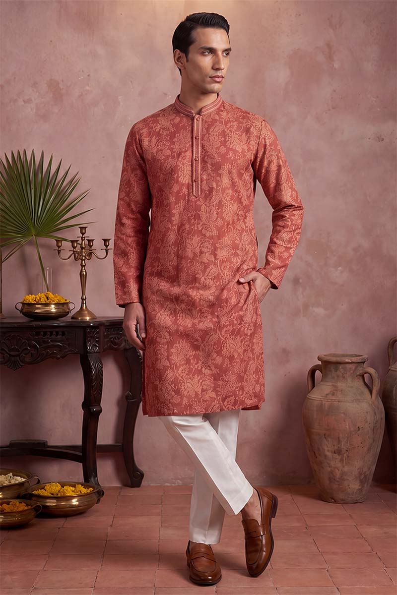Mens Red Silk Blend Floral Printed Kurta With Trousers | SHOBITAM