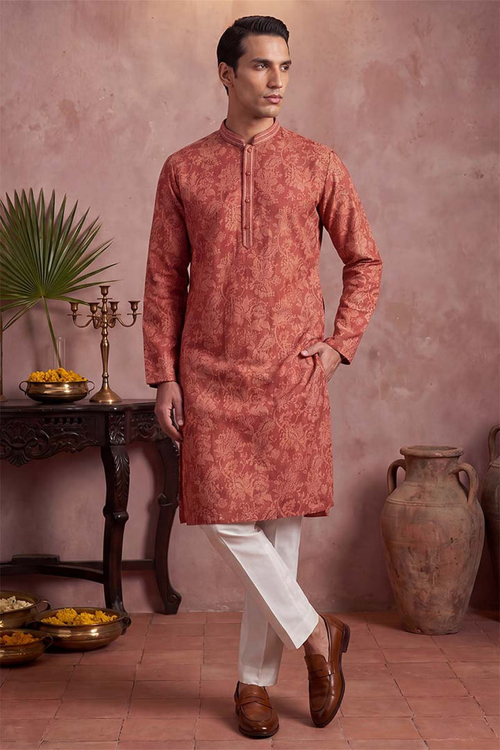 Mens Red Silk Blend Floral Printed Kurta With Trousers | SHOBITAM