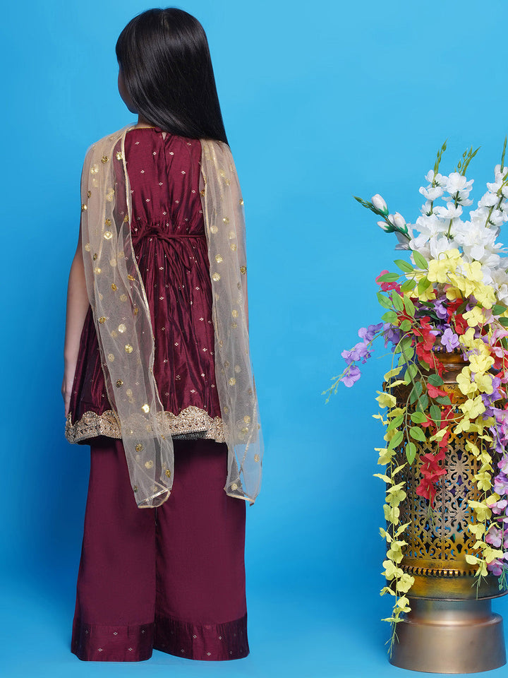 Girls Chanderi Cotton Sleeveless Kurta Frock with Plazzo and Dupatta with Boota, Lace & Tussel work - Pink | SHOBITAM