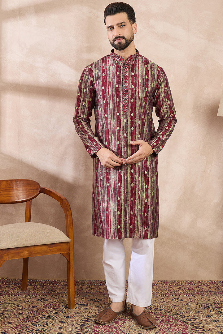 Maroon Silk Blend Abstract Printed Straight Kurta With Trouser | SHOBITAM
