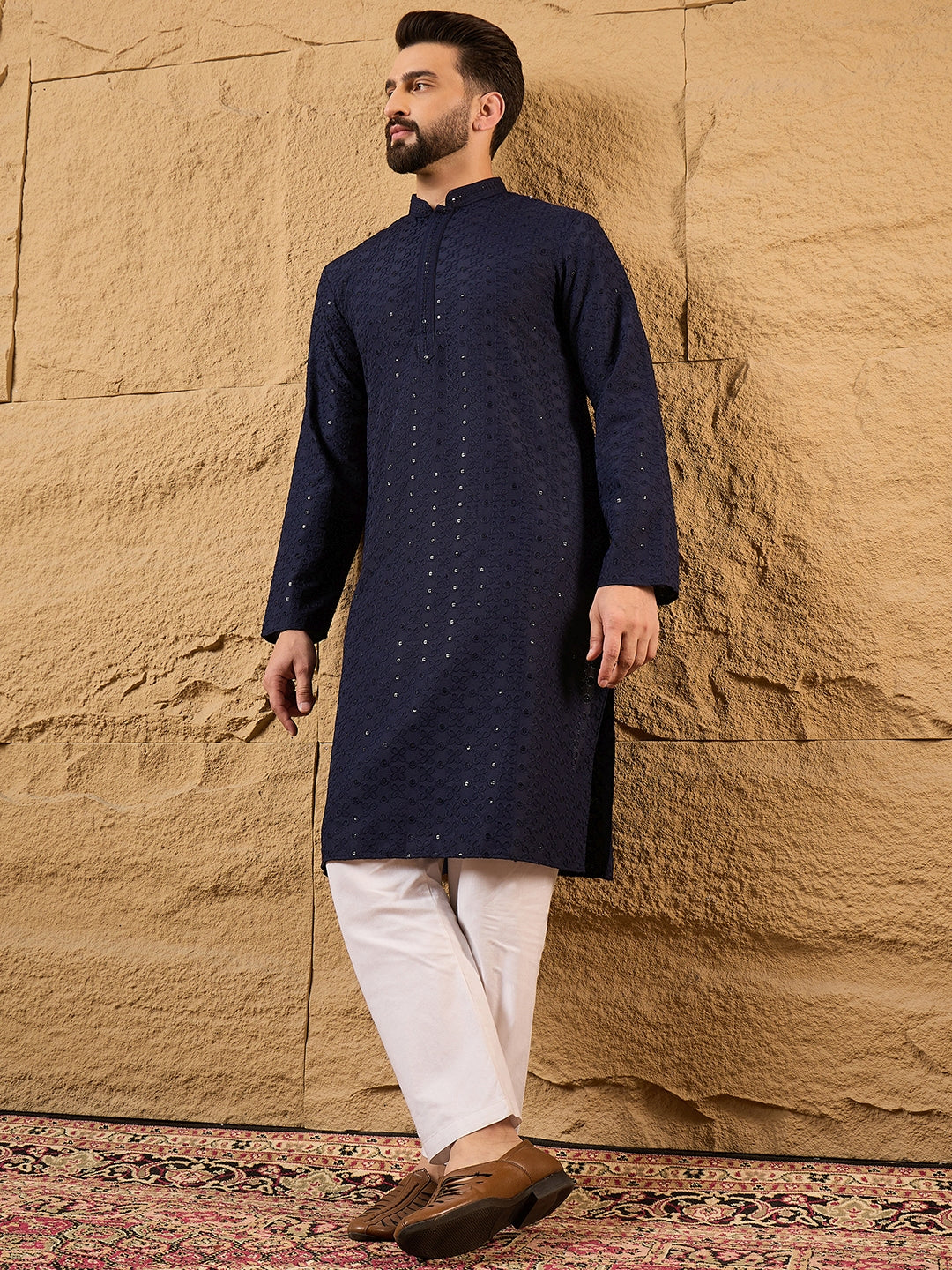 Blue Viscose Rayon Solid Embroidered Straight Kurta | SHOBITAM