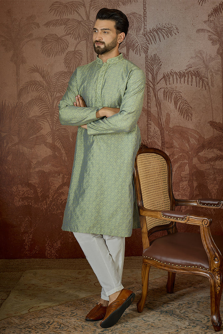 Mens Green Jacquard Solid Embroidered Kurta | SHOBITAM