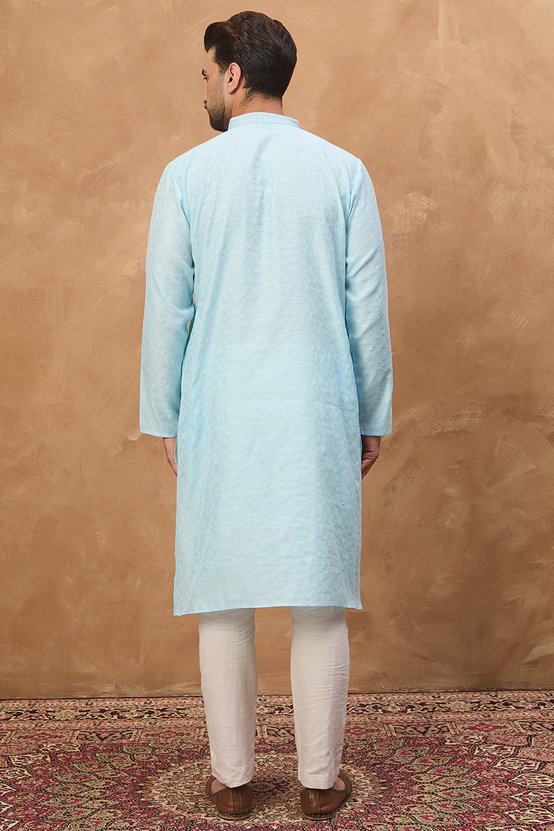 Blue Silk Blend Solid Embroidered Straight Kurta | SHOBITAM